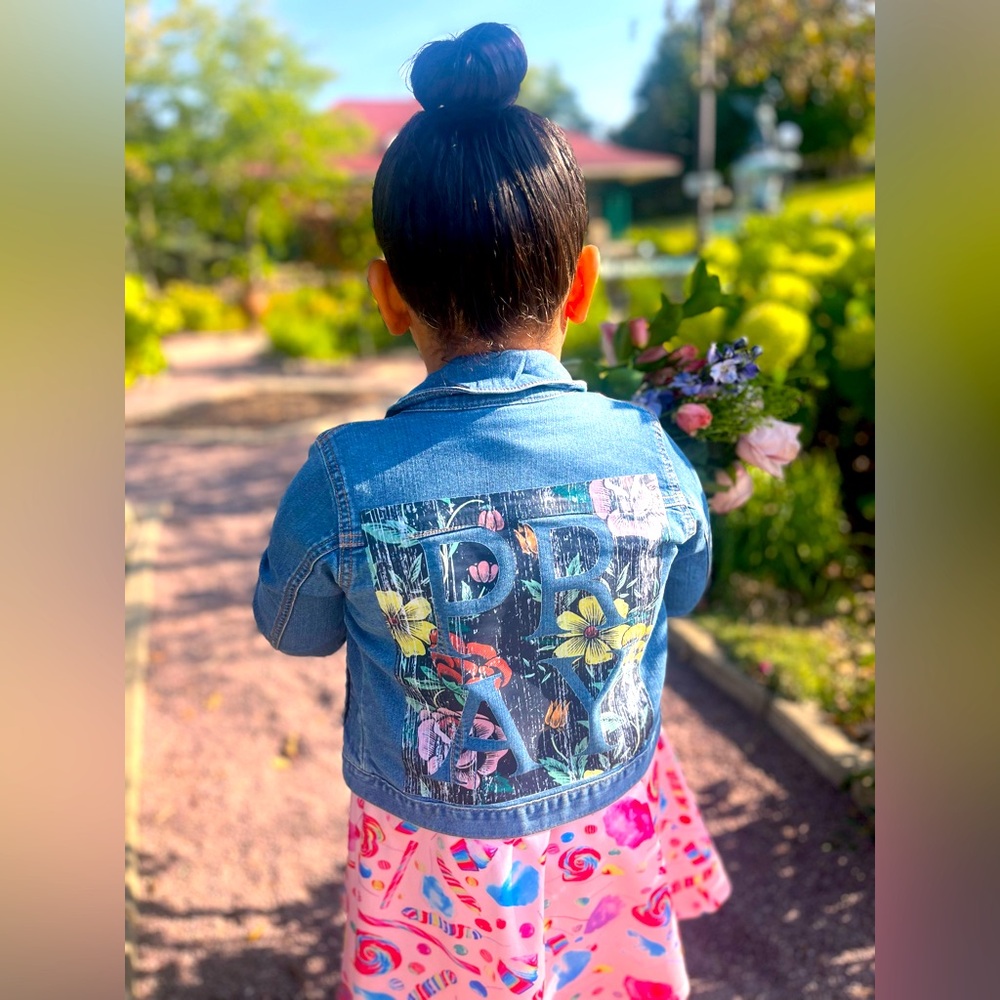 Little girl size 6 PRAY custom jean jacket. One of a kind.